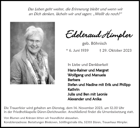 Traueranzeige von Edeltraud Himpler von Zeitung am Sonntag