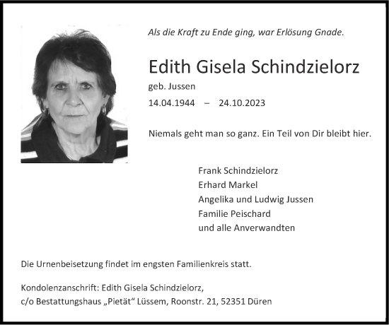 Traueranzeige von Edith Gisela Schindzielorz von Zeitung am Sonntag