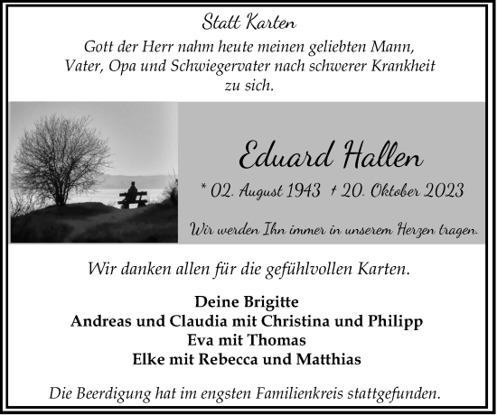 Traueranzeige von Eduard Hallen von Zeitung am Sonntag