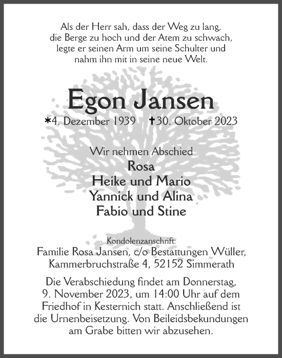 Traueranzeige von Egon Jansen von Zeitung am Sonntag