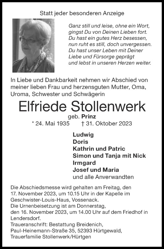 Traueranzeige von Elfriede Stollenwerk von Zeitung am Sonntag