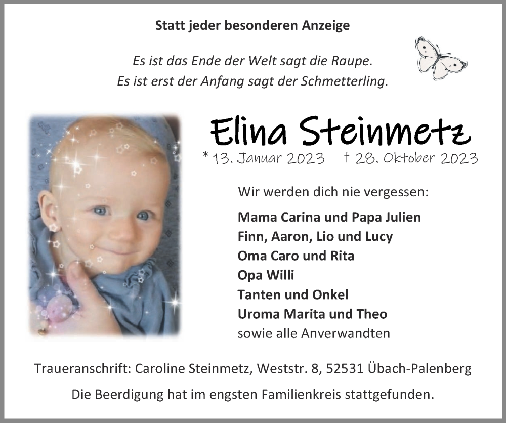  Traueranzeige für Elina Steinmetz vom 19.11.2023 aus Zeitung am Sonntag