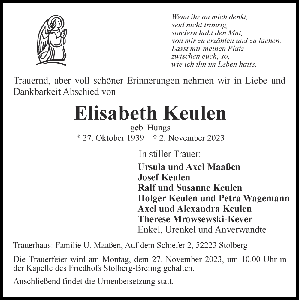  Traueranzeige für Elisabeth Keulen vom 19.11.2023 aus Zeitung am Sonntag