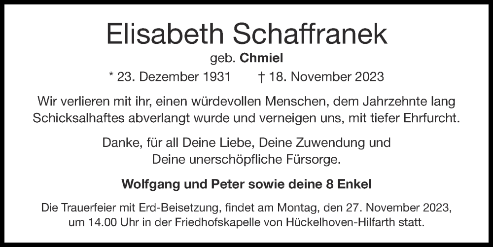 Traueranzeige für Elisabeth Schaffranek vom 26.11.2023 aus Zeitung am Sonntag