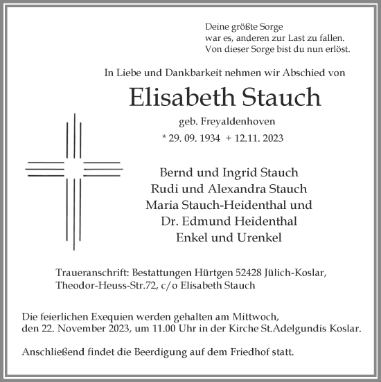 Traueranzeige von Elisabeth Stauch von Zeitung am Sonntag