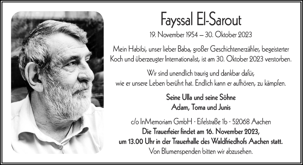  Traueranzeige für Fayssal El-Sarout vom 04.11.2023 aus Aachener Zeitung