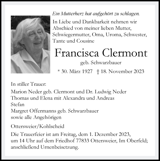 Traueranzeige von Francisca Clermont von Zeitung am Sonntag