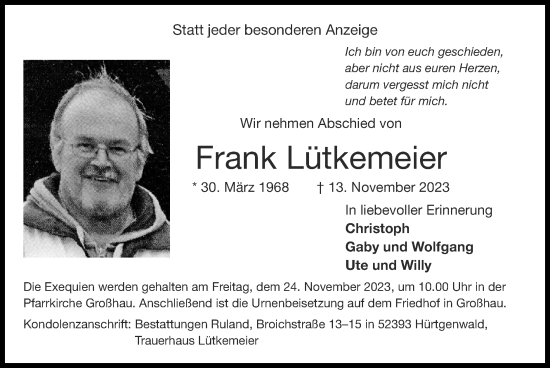 Traueranzeige von Frank Lütkemeier von Zeitung am Sonntag