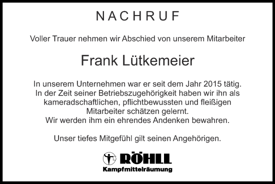 Traueranzeige von Frank Lütkemeier von Zeitung am Sonntag