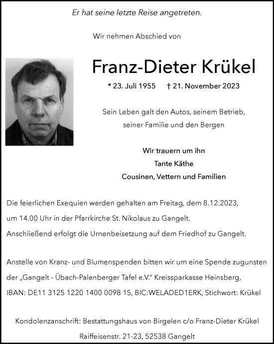 Traueranzeige von Franz-Dieter Krükel von Zeitung am Sonntag