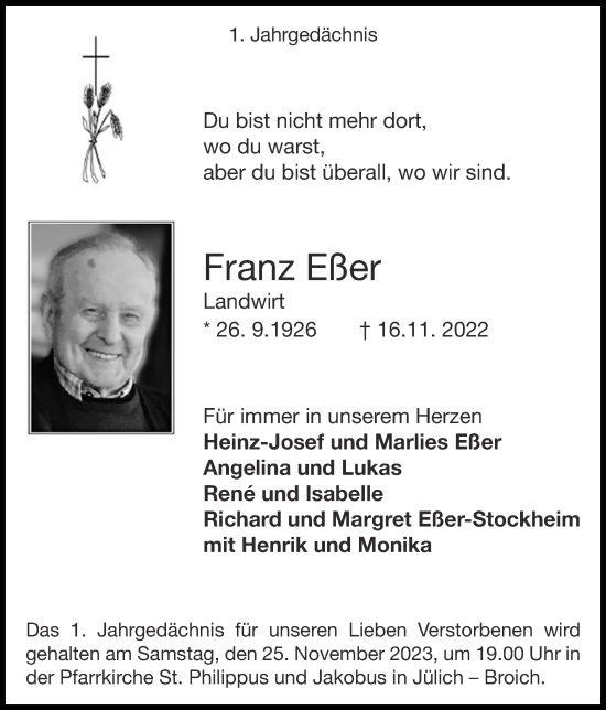 Traueranzeige von Franz Eßer von Zeitung am Sonntag