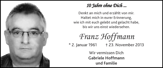 Traueranzeige von Franz Hoffmann von Zeitung am Sonntag