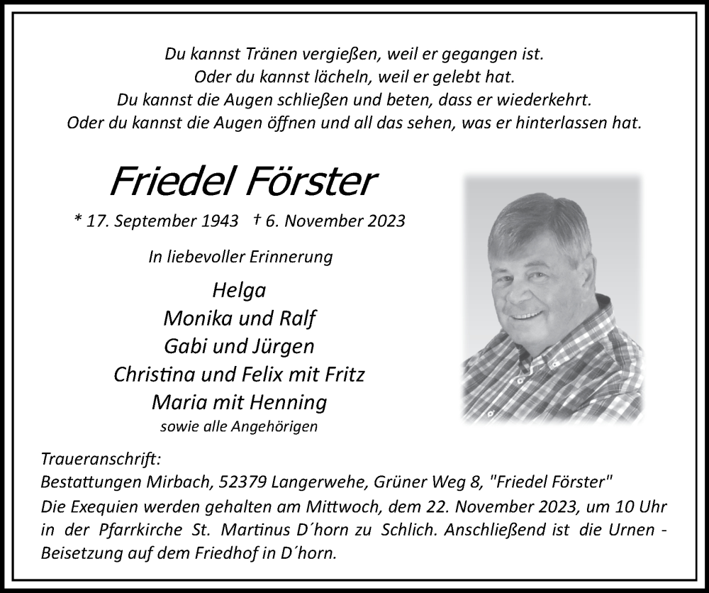  Traueranzeige für Friedel Förster vom 19.11.2023 aus Zeitung am Sonntag
