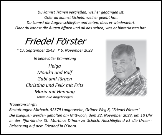 Traueranzeige von Friedel Förster von Zeitung am Sonntag