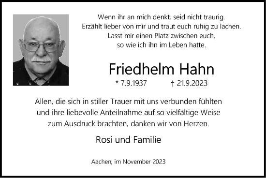 Traueranzeige von Friedhelm Hahn von Zeitung am Sonntag