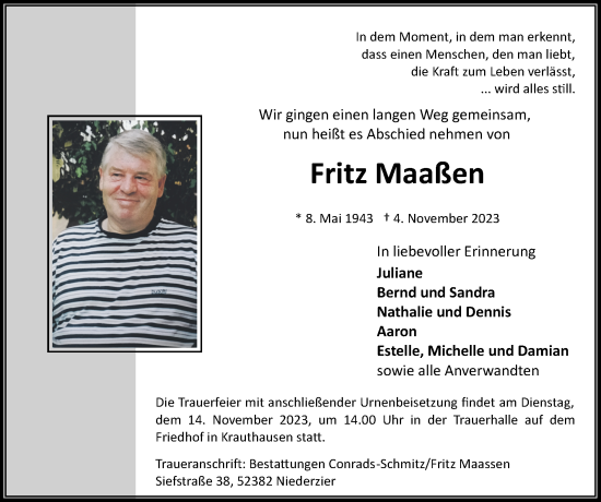 Traueranzeige von Fritz Maaßen von Zeitung am Sonntag