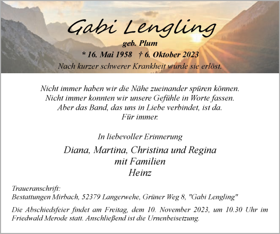 Traueranzeige von Gabi Lengling von Zeitung am Sonntag