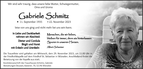 Traueranzeige von Gabriele Schmitz von Aachener Zeitung