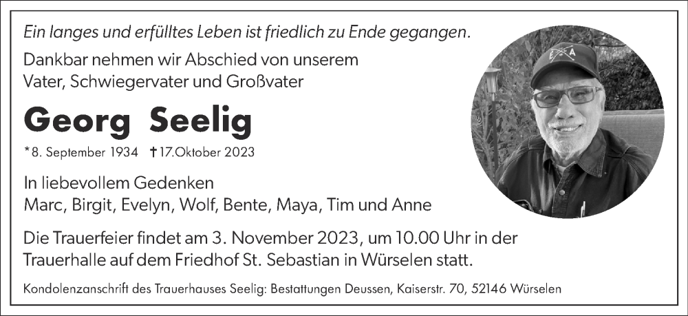  Traueranzeige für Georg Seelig vom 29.10.2023 aus Zeitung am Sonntag