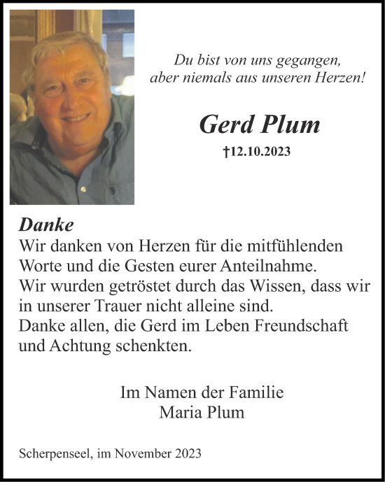 Traueranzeige von Gerd Plum von Zeitung am Sonntag