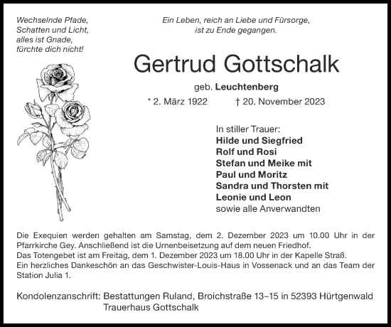 Traueranzeige von Gertrud Gottschalk von Zeitung am Sonntag