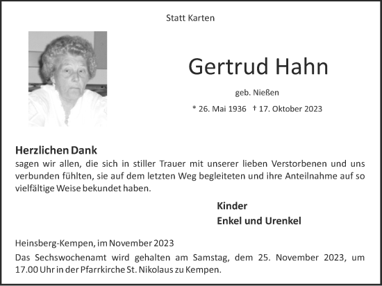 Traueranzeige von Gertrud Hahn von Zeitung am Sonntag