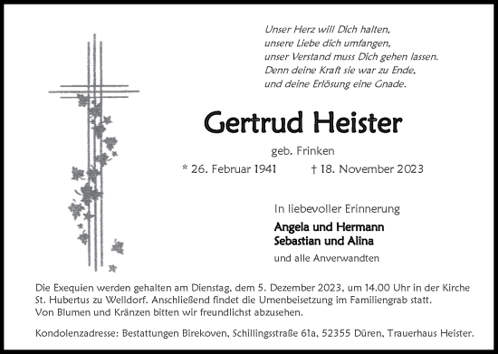 Traueranzeige von Gertrud Heister von Zeitung am Sonntag
