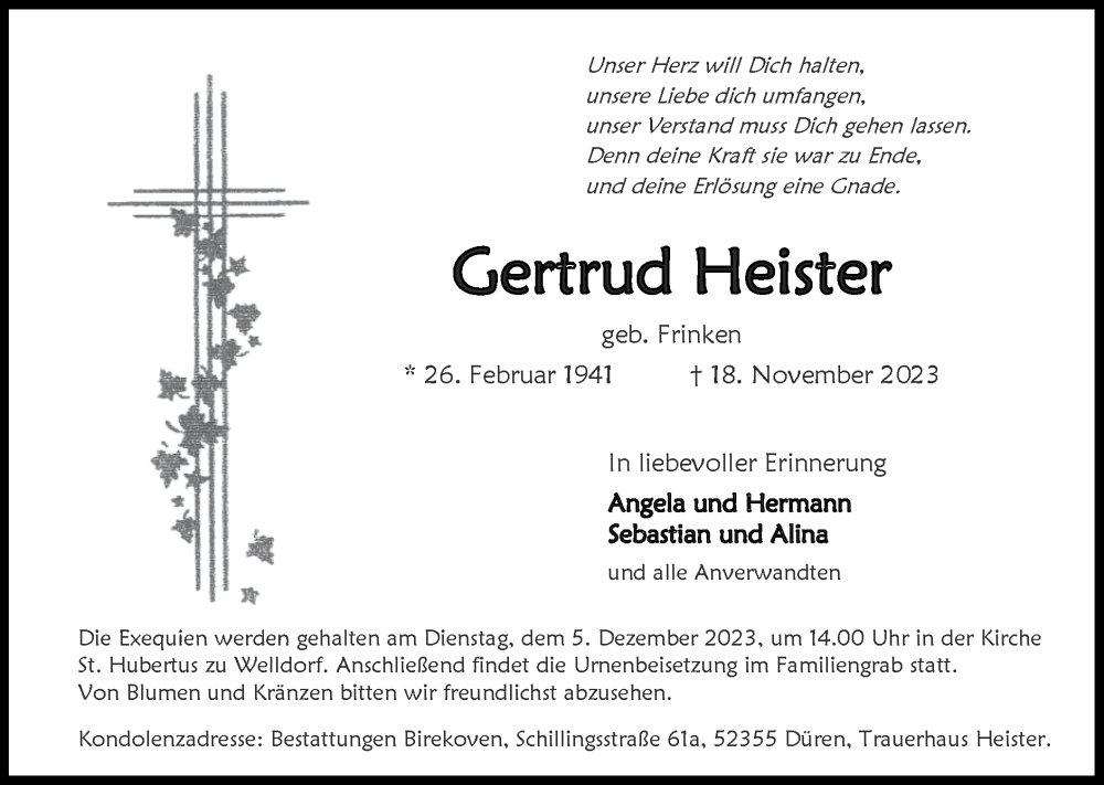  Traueranzeige für Gertrud Heister vom 26.11.2023 aus Zeitung am Sonntag