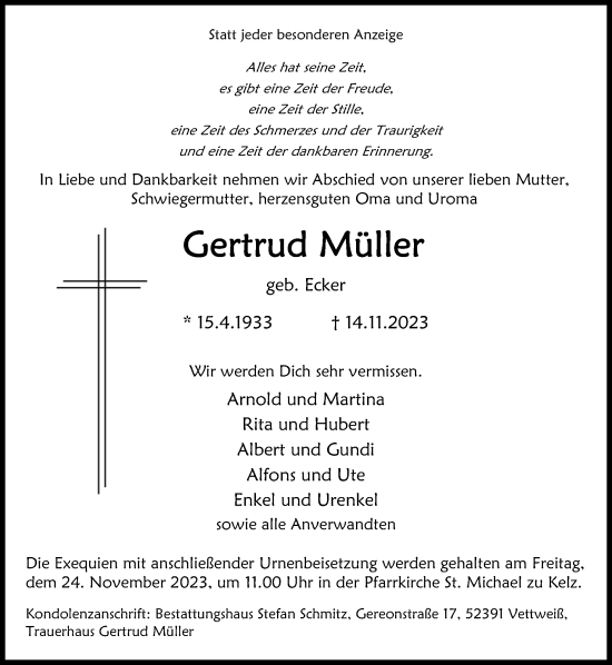 Traueranzeige von Gertrud Müller von Zeitung am Sonntag
