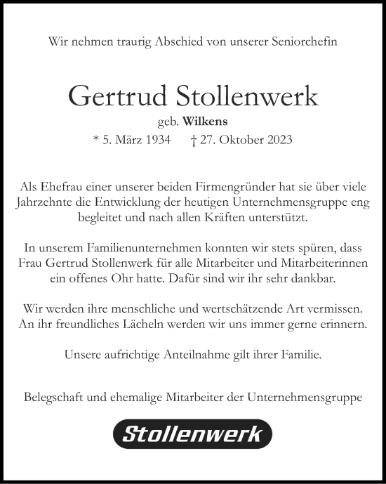 Traueranzeige von Gertrud Stollenwerk von Zeitung am Sonntag