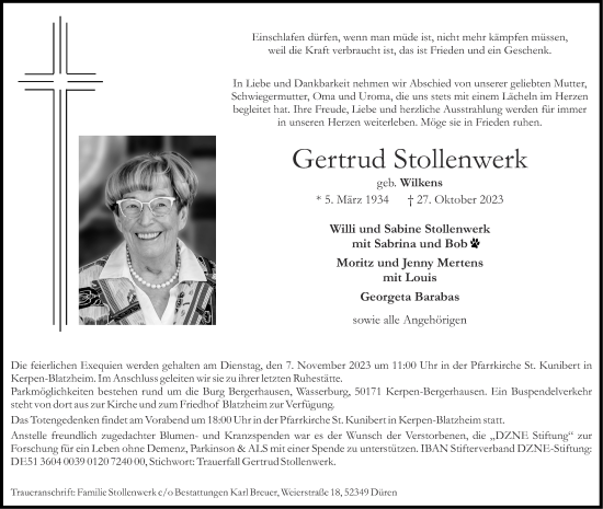 Traueranzeige von Gertrud Stollenwerk von Zeitung am Sonntag