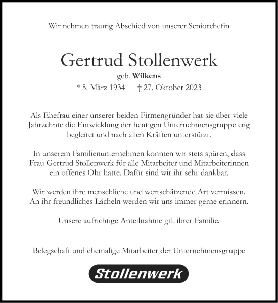 Traueranzeige von Gertrud Stollenwerk von Aachener Zeitung