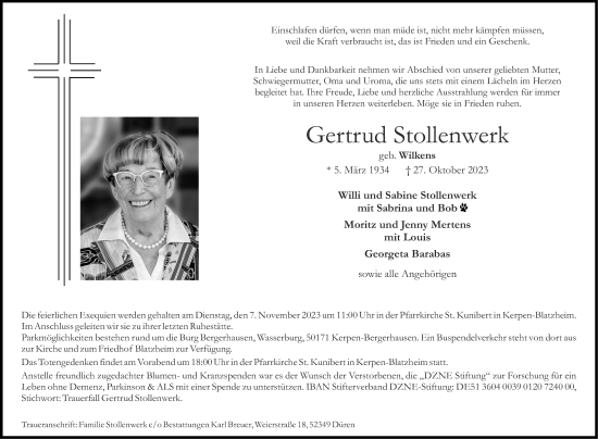 Traueranzeige von Gertrud Stollenwerk von Aachener Zeitung