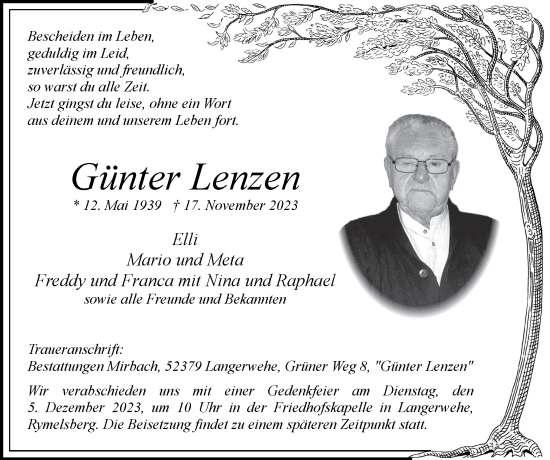 Traueranzeige von Günter Lenzen von Zeitung am Sonntag
