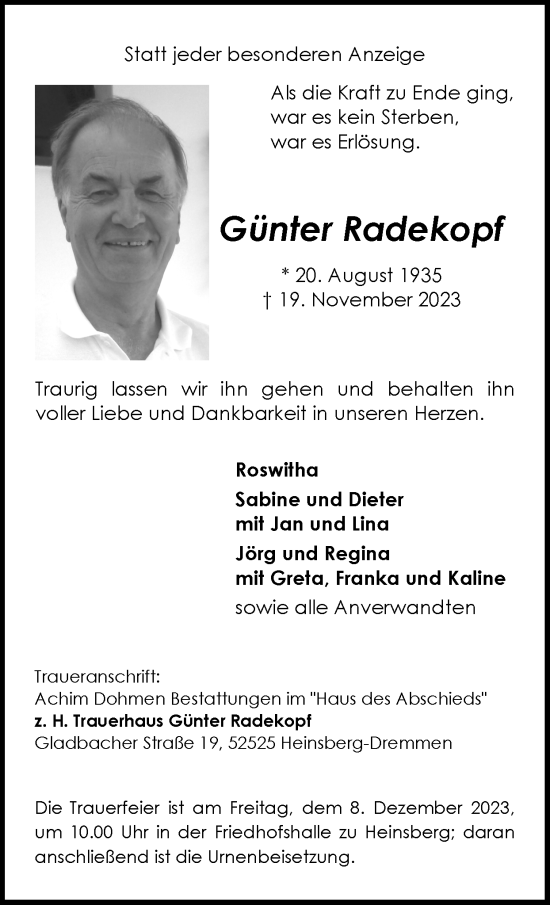 Traueranzeige von Günter Radekopf von Zeitung am Sonntag