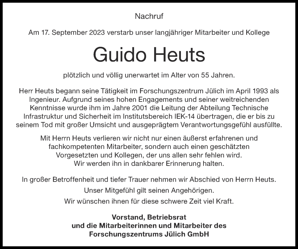  Traueranzeige für Guido Heuts vom 29.10.2023 aus Zeitung am Sonntag