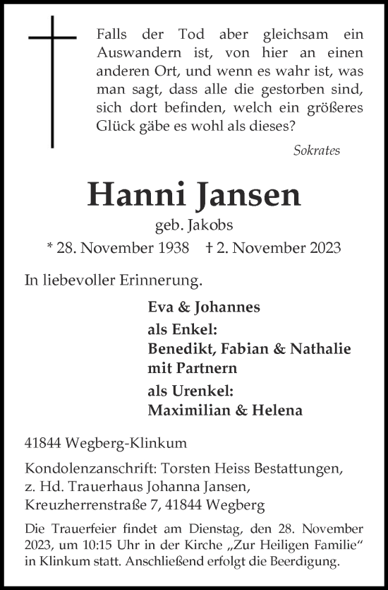 Traueranzeige von Hanni Jansen von Zeitung am Sonntag