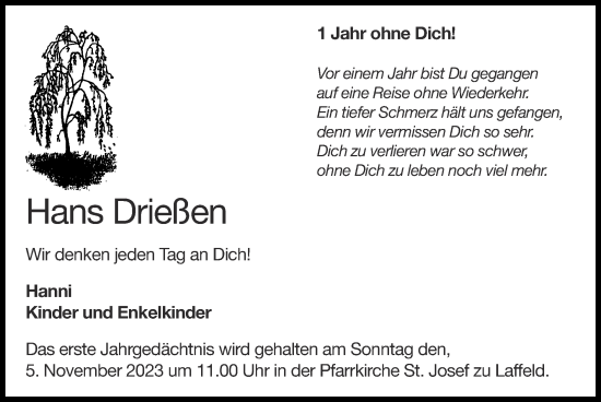 Traueranzeige von Hans Drießen von Zeitung am Sonntag
