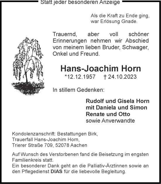 Traueranzeige von Hans-Joachim Horn von Zeitung am Sonntag