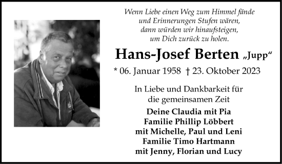 Traueranzeige von Hans-Josef Berten von Zeitung am Sonntag