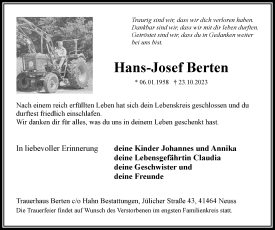 Traueranzeige von Hans-Josef Berten von Zeitung am Sonntag