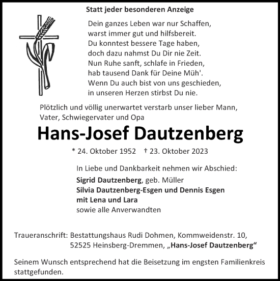 Traueranzeige von Hans-Josef Dautzenberg von Zeitung am Sonntag