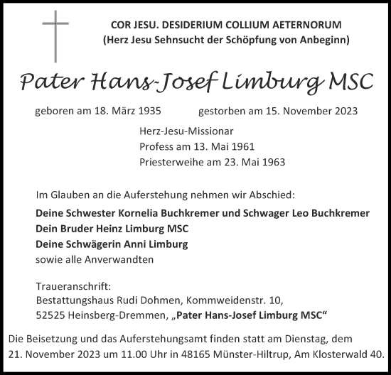 Traueranzeige von Hans-Josef Limburg von Zeitung am Sonntag