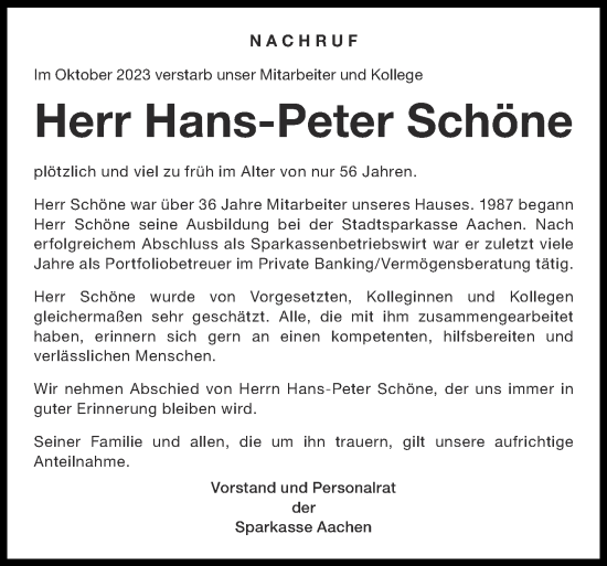 Traueranzeige von Hans-Peter Schöne von Aachener Zeitung