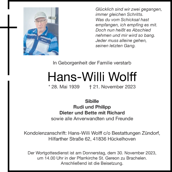 Traueranzeige von Hans-Willi Wolff von Zeitung am Sonntag