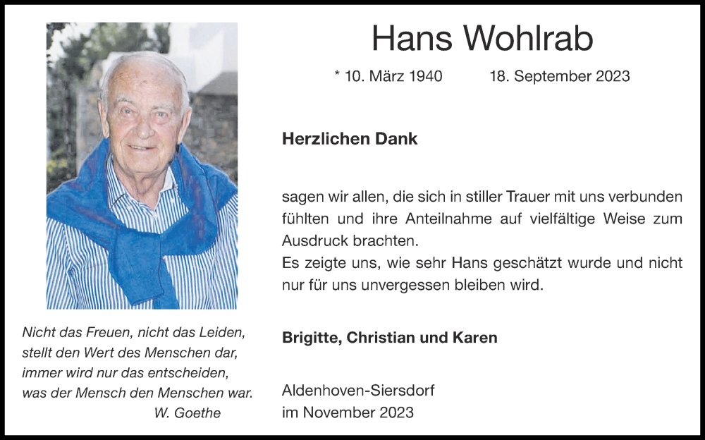  Traueranzeige für Hans Wohlrab vom 19.11.2023 aus Zeitung am Sonntag