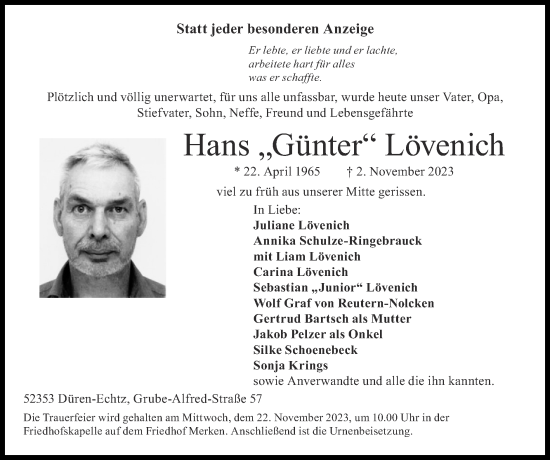 Traueranzeige von Hans Günter Lövenich von Zeitung am Sonntag