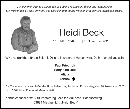 Traueranzeige von Heidi Beck von Zeitung am Sonntag