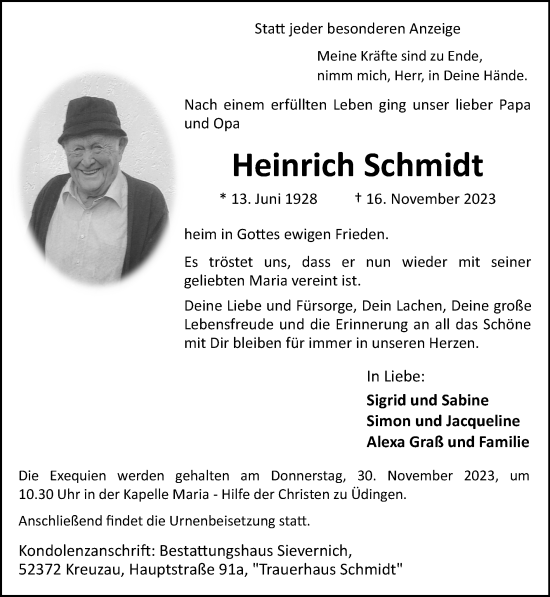 Traueranzeige von Heinrich Schmidt von Zeitung am Sonntag