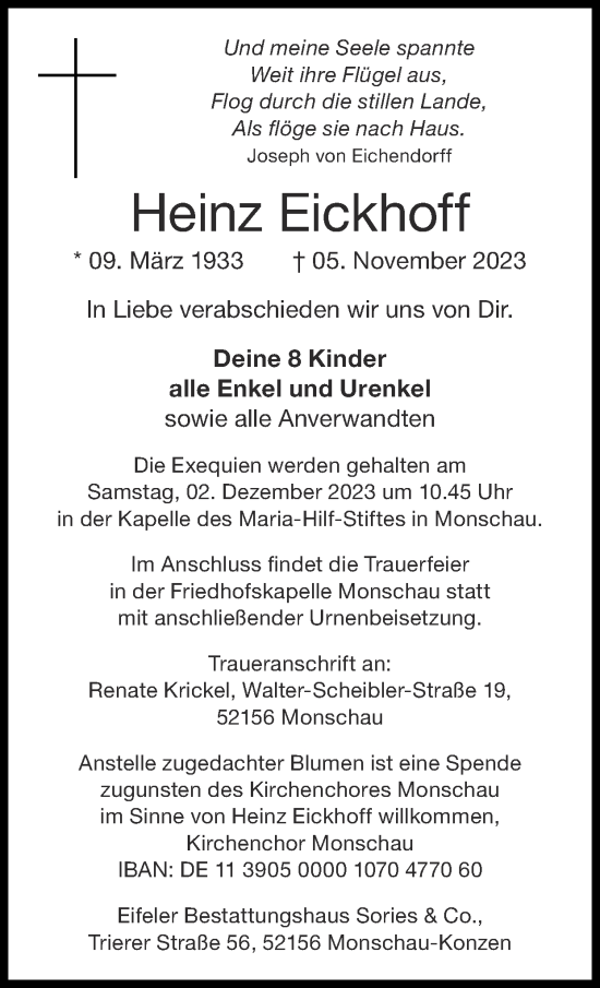 Traueranzeige von Heinz Eickhoff von Zeitung am Sonntag